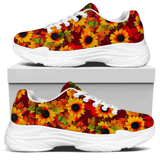 Red Autumn Sunflower Pattern Print White Chunky Shoes