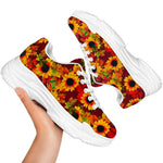 Red Autumn Sunflower Pattern Print White Chunky Shoes