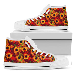 Red Autumn Sunflower Pattern Print White High Top Sneakers