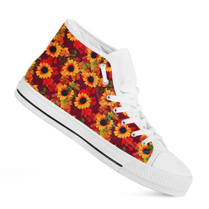 Red Autumn Sunflower Pattern Print White High Top Sneakers