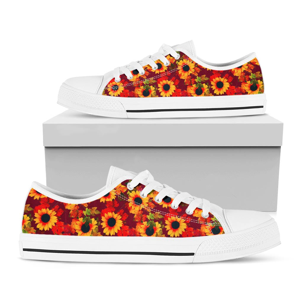 Red Autumn Sunflower Pattern Print White Low Top Sneakers