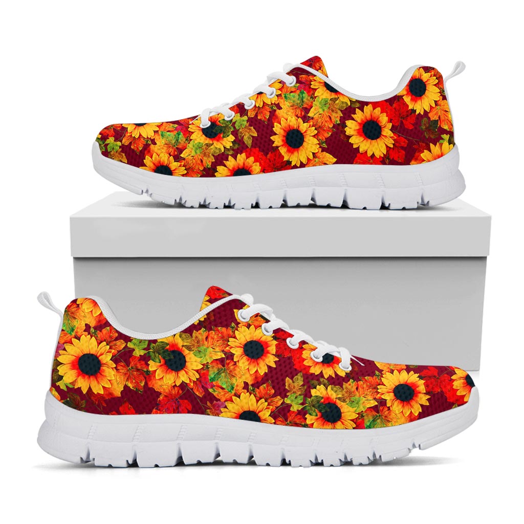 Red Autumn Sunflower Pattern Print White Running Shoes