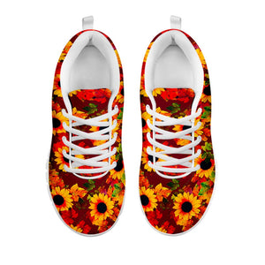 Red Autumn Sunflower Pattern Print White Running Shoes