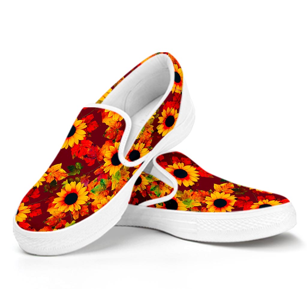 Red Autumn Sunflower Pattern Print White Slip On Sneakers