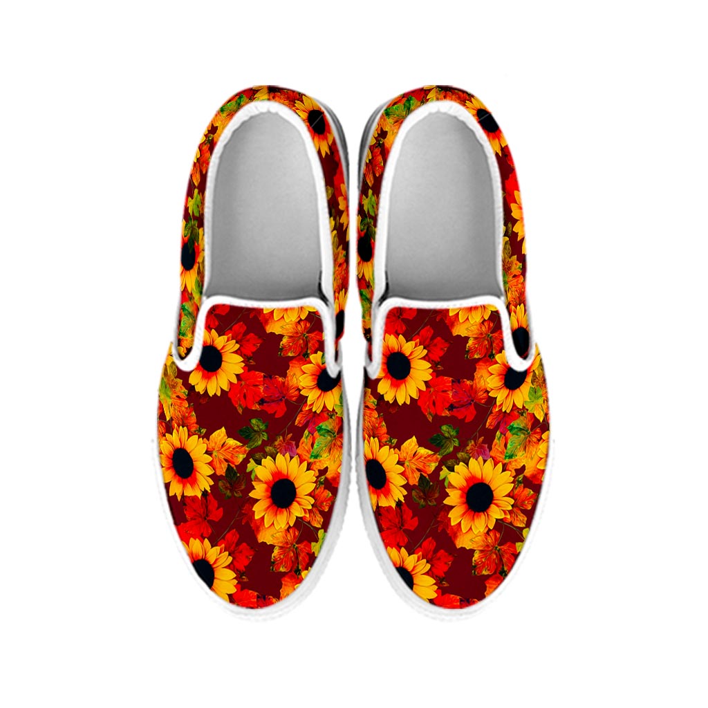 Red Autumn Sunflower Pattern Print White Slip On Sneakers