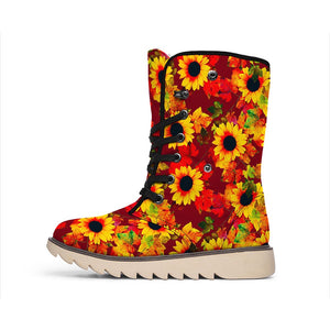 Red Autumn Sunflower Pattern Print Winter Boots