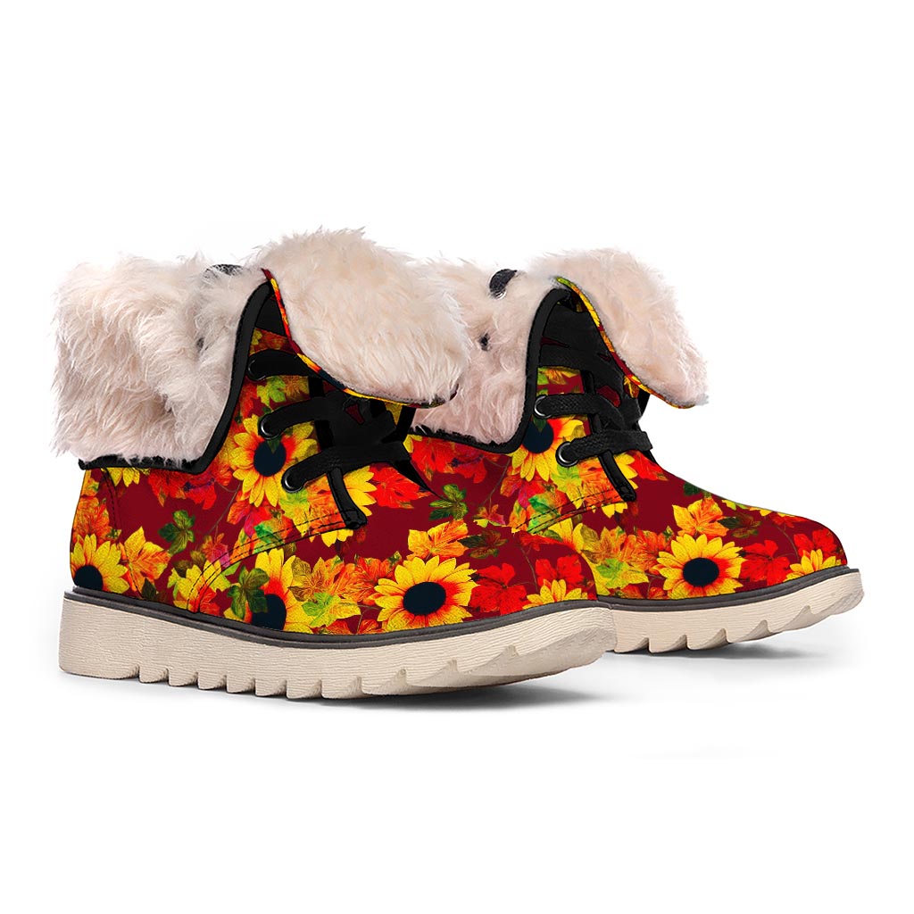 Red Autumn Sunflower Pattern Print Winter Boots