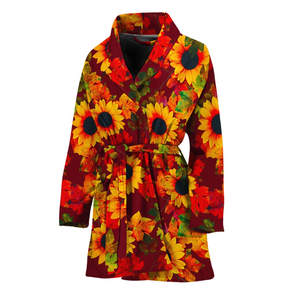 Red Autumn Sunflower Pattern Print Women's Bathrobe