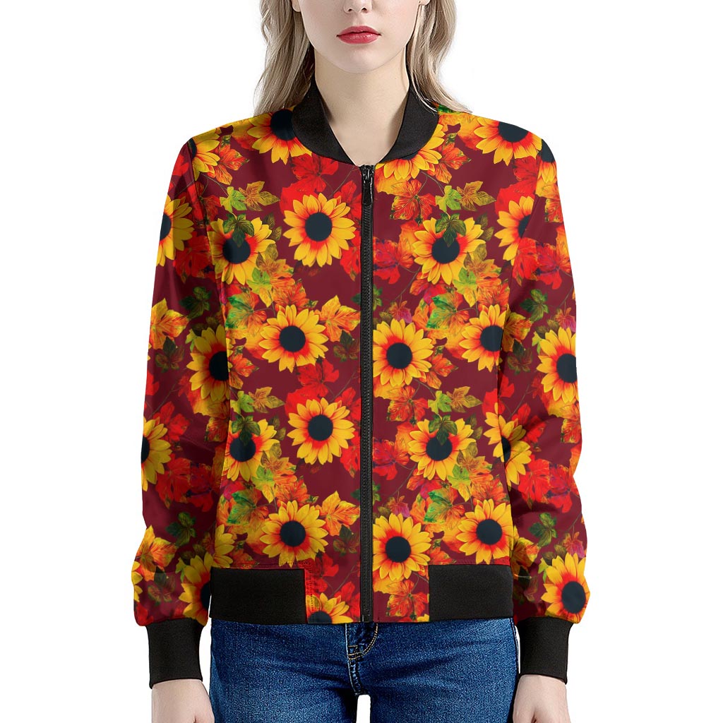 Red Autumn Sunflower Pattern Print Women's Bomber Jacket