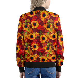 Red Autumn Sunflower Pattern Print Women's Bomber Jacket