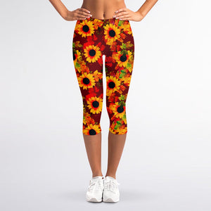 Red Autumn Sunflower Pattern Print Women's Capri Leggings