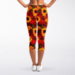 Red Autumn Sunflower Pattern Print Women's Capri Leggings