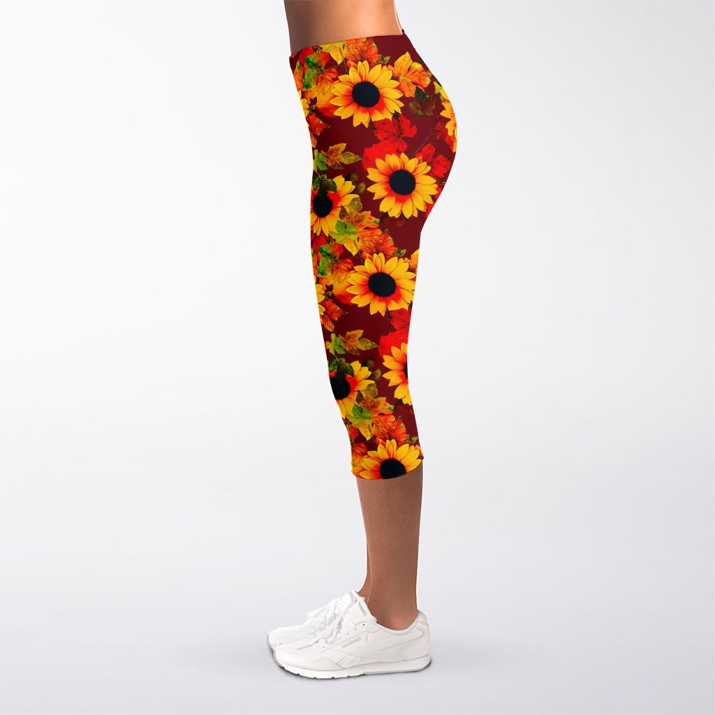 Red Autumn Sunflower Pattern Print Women's Capri Leggings