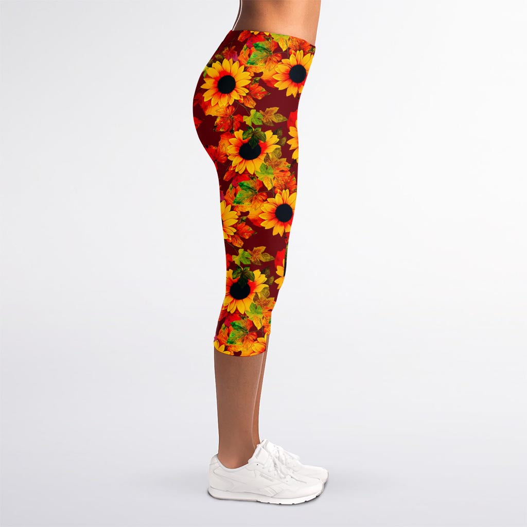 Red Autumn Sunflower Pattern Print Women's Capri Leggings