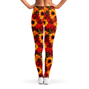 Red Autumn Sunflower Pattern Print Women's Leggings