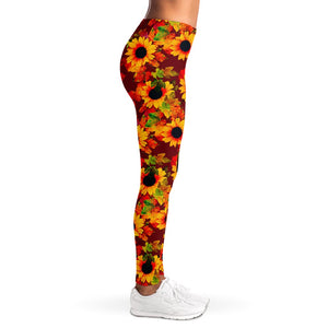 Red Autumn Sunflower Pattern Print Women's Leggings