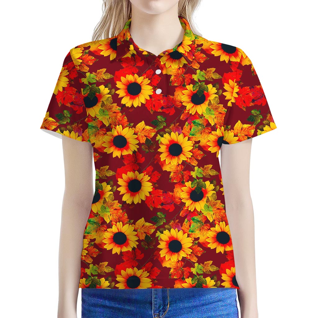 Red Autumn Sunflower Pattern Print Women's Polo Shirt