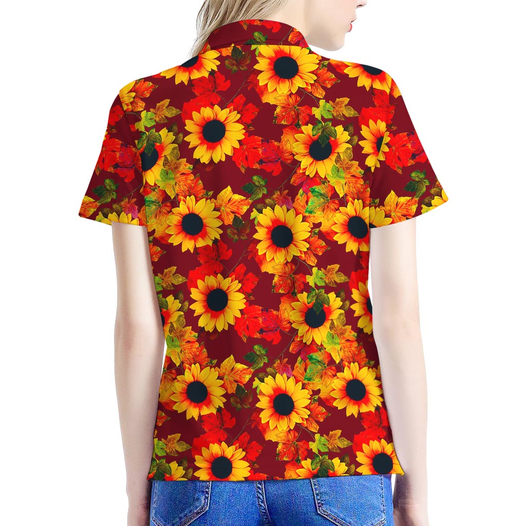 Red Autumn Sunflower Pattern Print Women's Polo Shirt