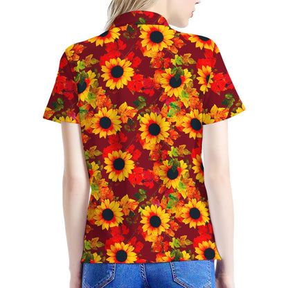 Red Autumn Sunflower Pattern Print Women's Polo Shirt