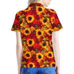 Red Autumn Sunflower Pattern Print Women's Polo Shirt