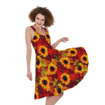 Red Autumn Sunflower Pattern Print Women's Sleeveless Dress