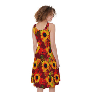 Red Autumn Sunflower Pattern Print Women's Sleeveless Dress