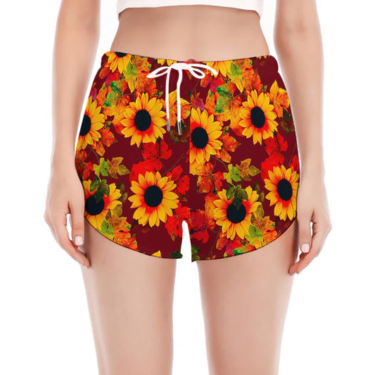 Red Autumn Sunflower Pattern Print Women's Split Running Shorts