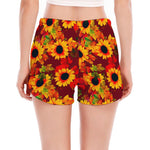 Red Autumn Sunflower Pattern Print Women's Split Running Shorts