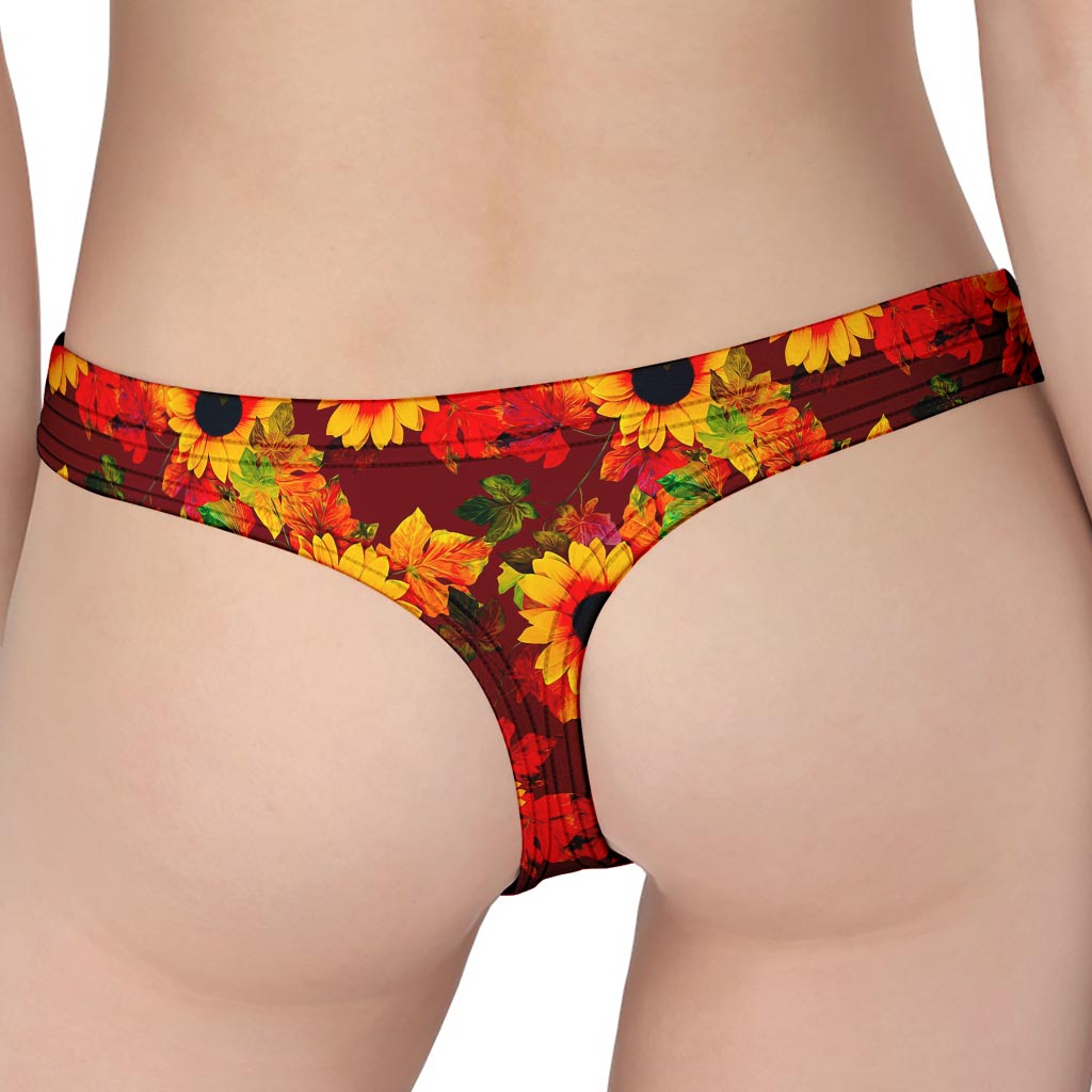 Red Autumn Sunflower Pattern Print Women's Thong