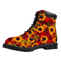 Red Autumn Sunflower Pattern Print Padded Collar Lace Up Boots