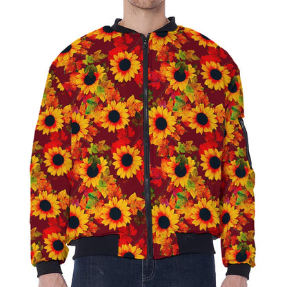 Red Autumn Sunflower Pattern Print Zip Sleeve Bomber Jacket
