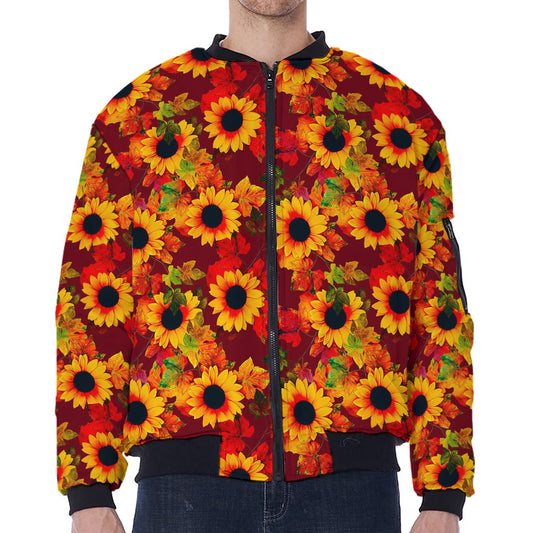 Red Autumn Sunflower Pattern Print Zip Sleeve Bomber Jacket