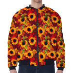 Red Autumn Sunflower Pattern Print Zip Sleeve Bomber Jacket