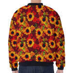 Red Autumn Sunflower Pattern Print Zip Sleeve Bomber Jacket