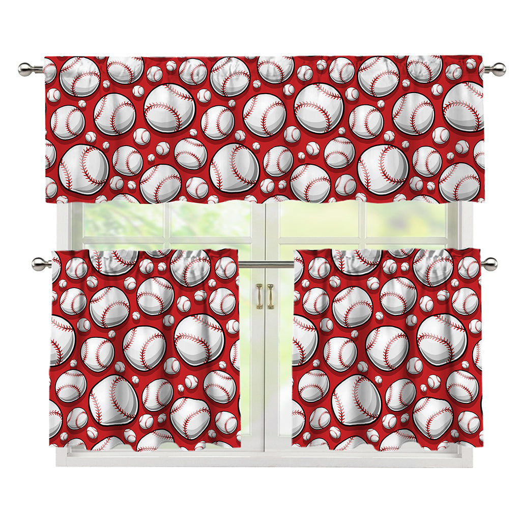 Red Baseball Pattern Print 3 Piece Kitchen Curtains