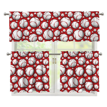 Red Baseball Pattern Print 3 Piece Kitchen Curtains
