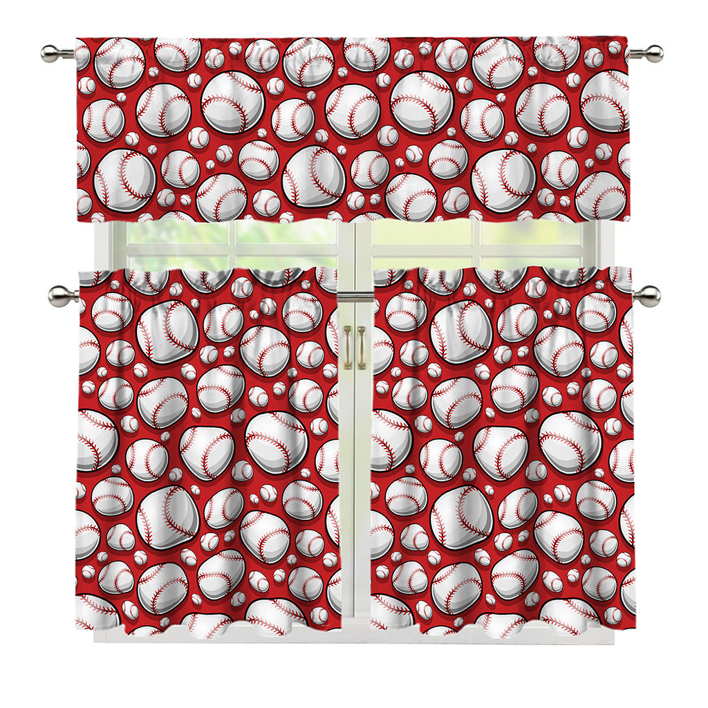 Red Baseball Pattern Print 3 Piece Kitchen Curtains