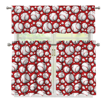 Red Baseball Pattern Print 3 Piece Kitchen Curtains