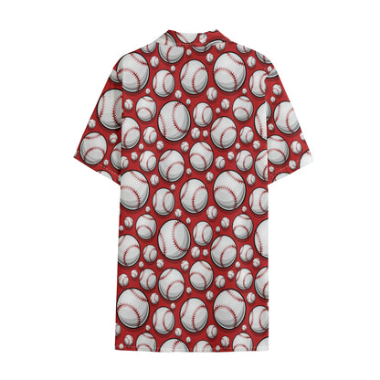 Red Baseball Pattern Print Cotton Hawaiian Shirt