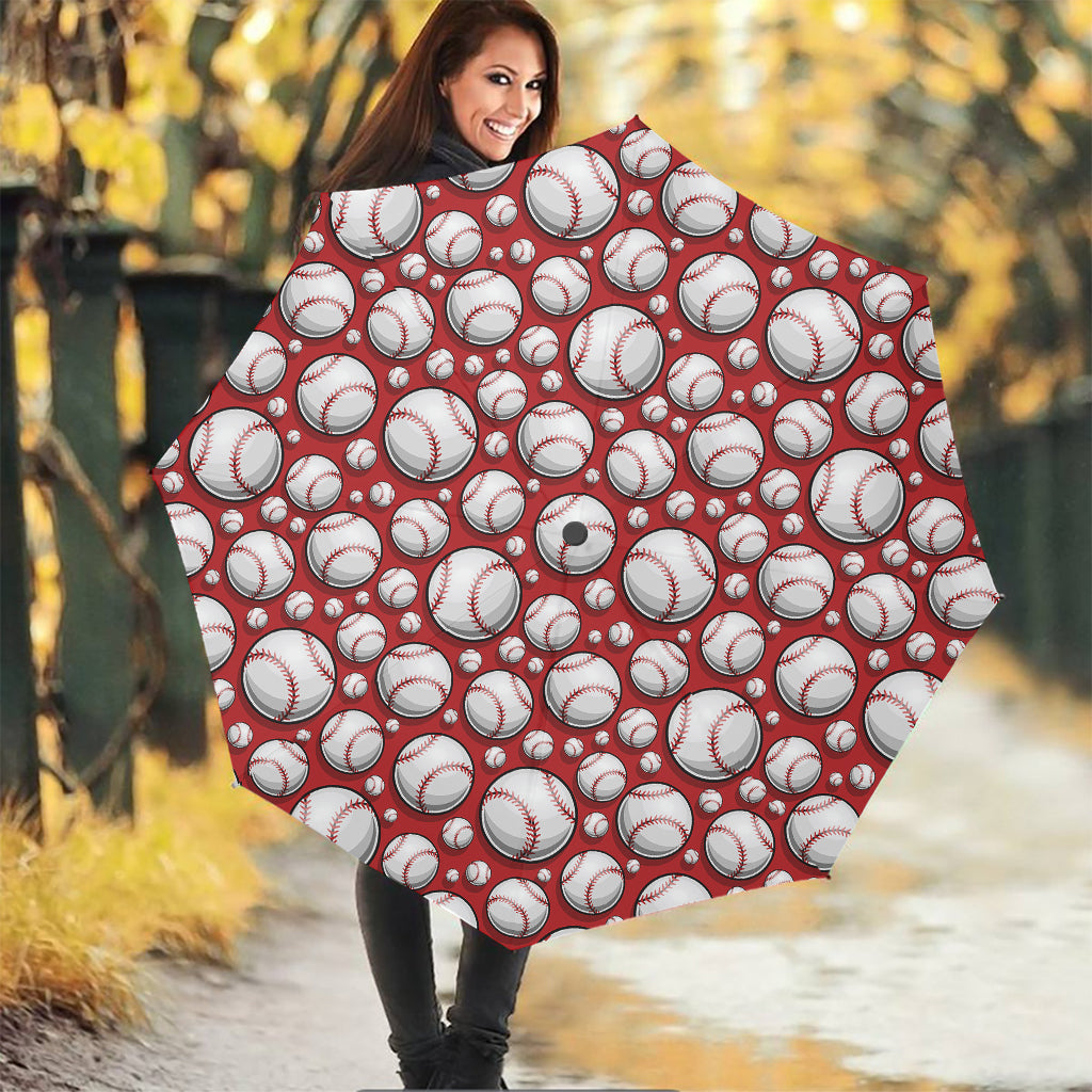 Red Baseball Pattern Print Foldable Umbrella