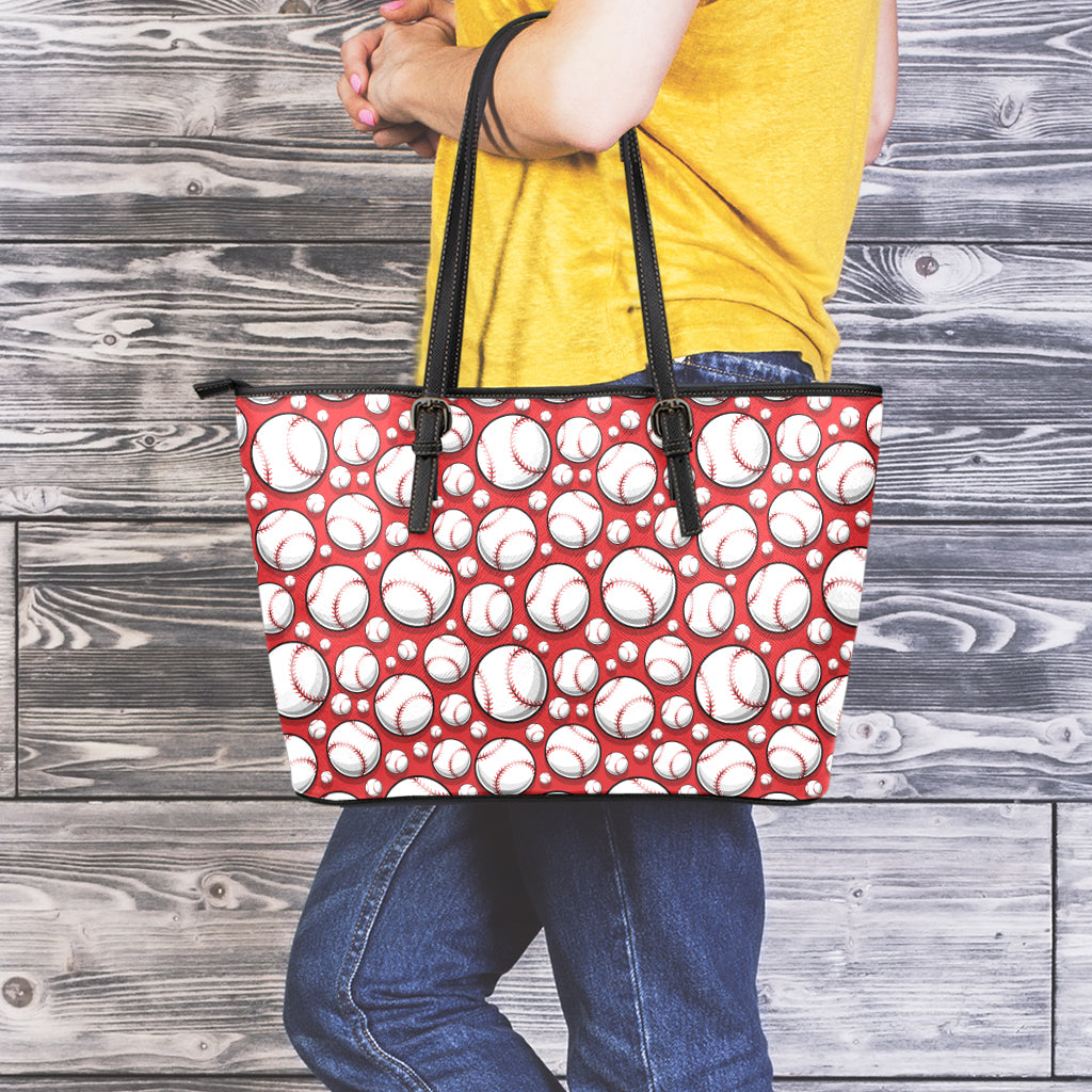 Red Baseball Pattern Print Leather Tote Bag