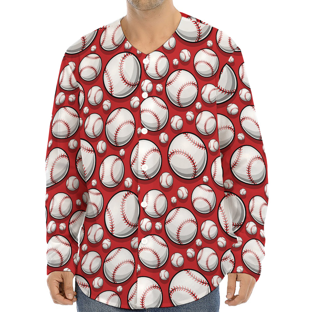 Red Baseball Pattern Print Long Sleeve Baseball Jersey