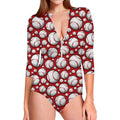 Red Baseball Pattern Print Long Sleeve Swimsuit