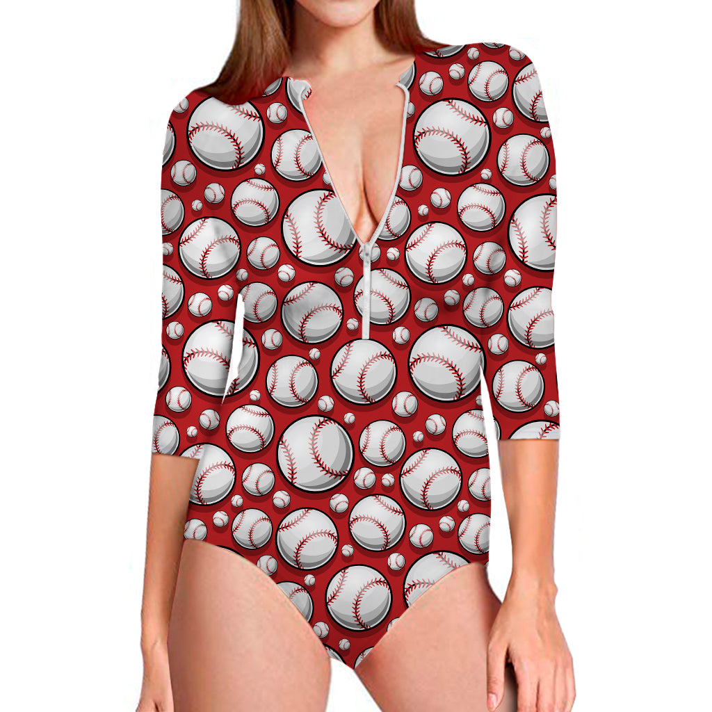 Red Baseball Pattern Print Long Sleeve Swimsuit