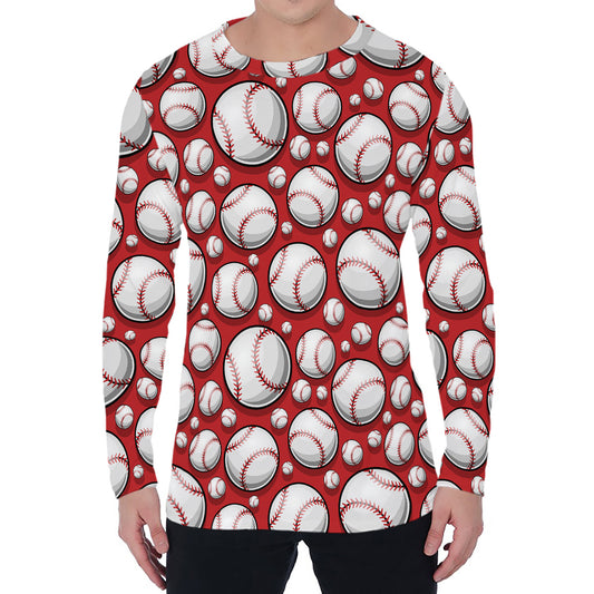 Red Baseball Pattern Print Men's Long Sleeve T-Shirt