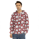 Red Baseball Pattern Print Men's Velvet Pullover Hoodie