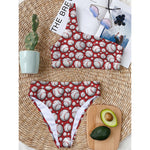 Red Baseball Pattern Print One Shoulder Bikini Top
