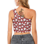 Red Baseball Pattern Print One Shoulder Crop Top