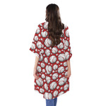 Red Baseball Pattern Print Open Front Beach Cover Up