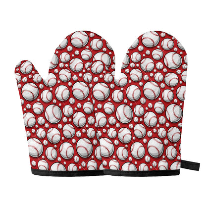 Red Baseball Pattern Print Oven Mitts
